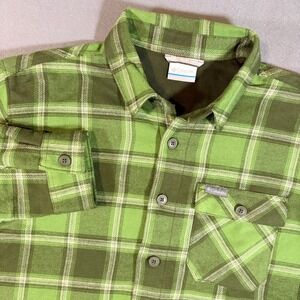 Columbia Hill View Button Down Shirt Jacket Green Flannel Fleece Lined Medium